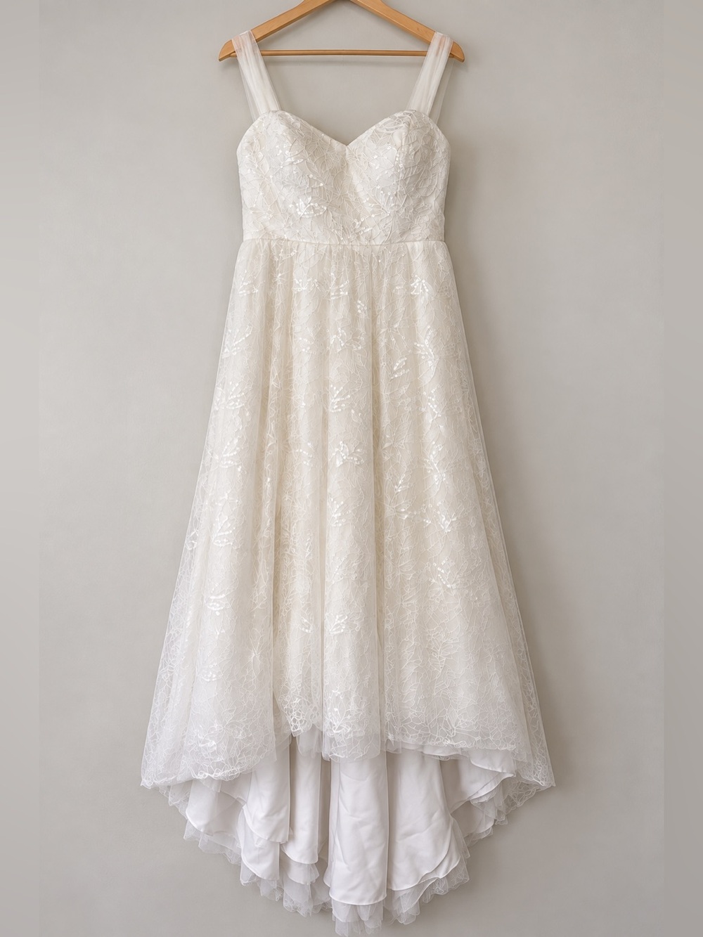 Alfred Angelo White Ivory Lace Sequin Wedding Dress Size 14 High Low